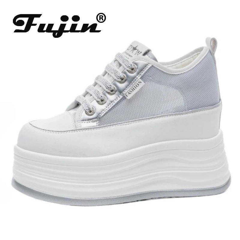 

Fujin 12 см, женские повседневные шлепанцы из микрофибры с воздушной сеткой, вулканизированной платформой, тапочки на танкетке, обувь на скрытом каблуке, массивные кроссовки