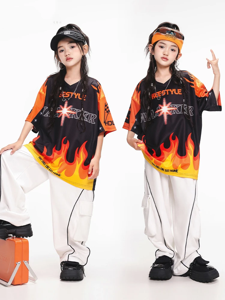 2024 Hip Hop Dance Costumes For Girls Loose T-Shirt White Pants Suit Streetwear Boys Jazz Performance Stage Clothing DQS16405