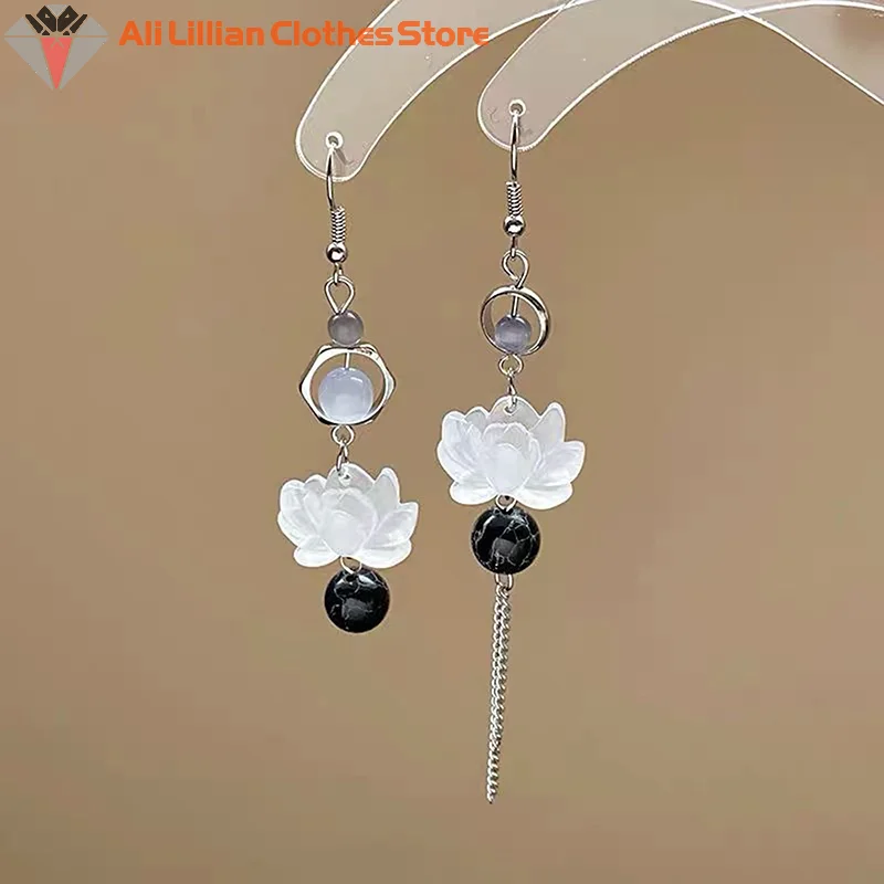 1Pair Unique Exquisite Lotus Earrings Elegant Pink Flower Asymmetric Drop Stud Earrings For Women VintageJewelry Accessories