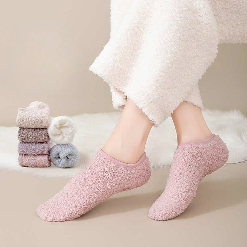 Coral Fleece Women Socks Plush Warm Floor Socks Autumn Winter Indoor Home Thicken Fleece Anti Slip Short Tube Sleep Boat Socks