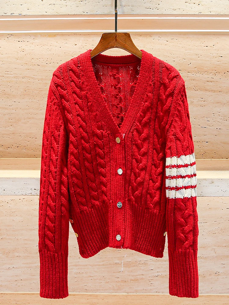 

Red Striped Knitted Cardigan Top High End Women's Faion Autumn College Sle Button up Long Sve V-Ne Regular Fit