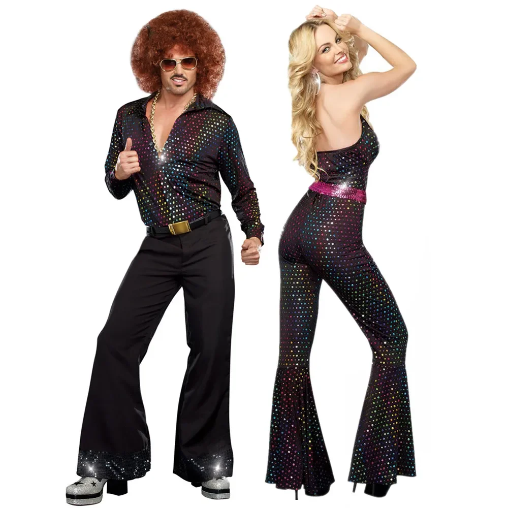 Traje hippie retrô para homens e mulheres, roupas hippies de discoteca rock, cosplay adulto, carnaval, festa de Halloween, vestido extravagante, casais, anos 70