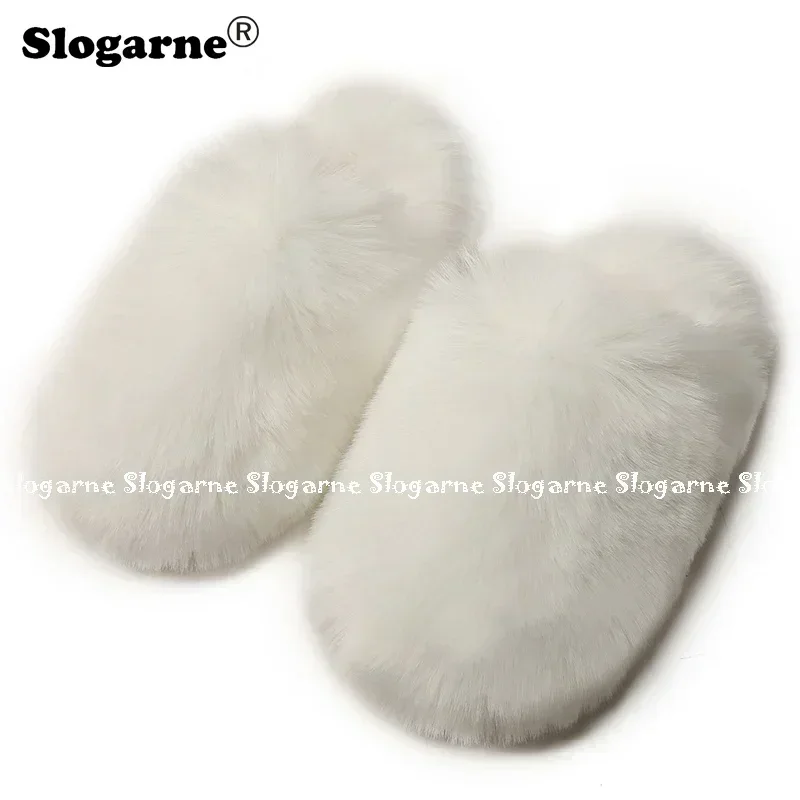 Ladies Winter Faux Raccoon Fur Slippers Women Warm Fur Slides Girls Luxury Furry Faux Fox Fur Slippers Home Outdoor Cotton Shoes