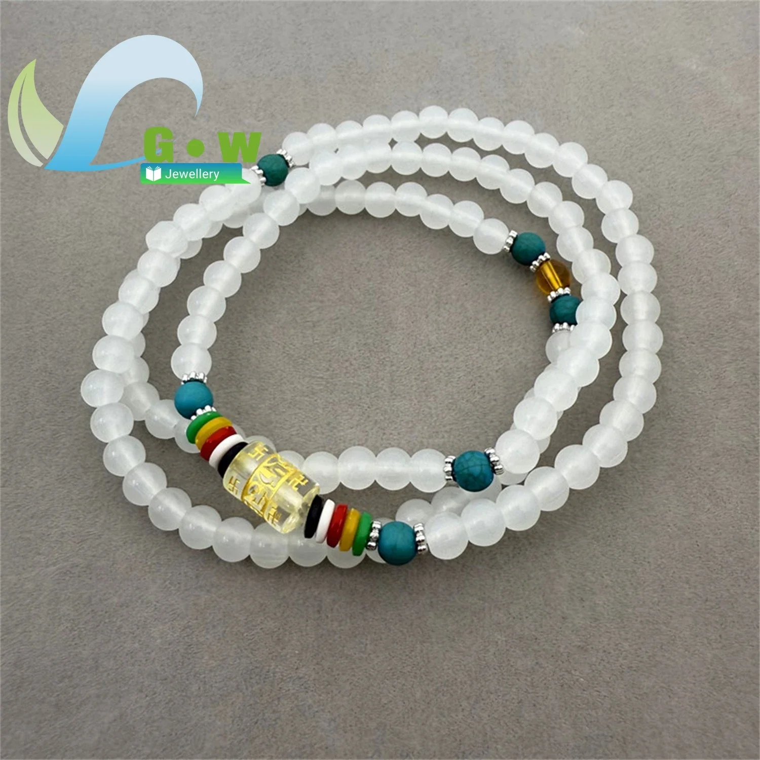 Natural White Jade Buddhist Beads 108 Count Multi Loop Bracelet Six Sacred Mantra Carved Prayer Necklace Yoga Meditation Healing