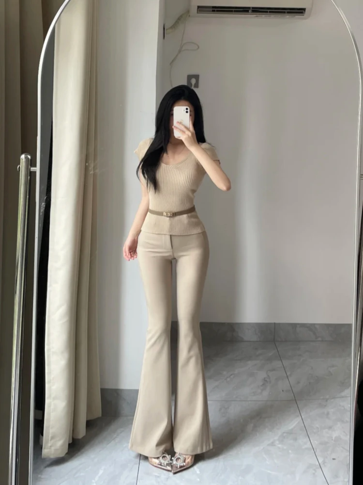 Koreanische Sle V-Ne Khaki Farbe Slim Fit Sommer Dünne oulder Kleine Flng Sve T-shirt Vielseitig Top Pendeln Sle reine Farbe