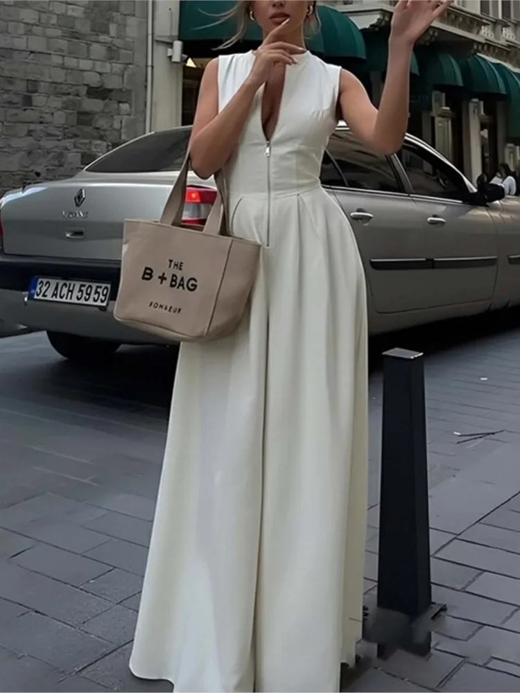 

Летний однотонный комбинезон женский без рукавов с V-образным вырезом на молнии, широкие брюки, нарядный комбинезон для ужина, повседневный офисный комбинезон