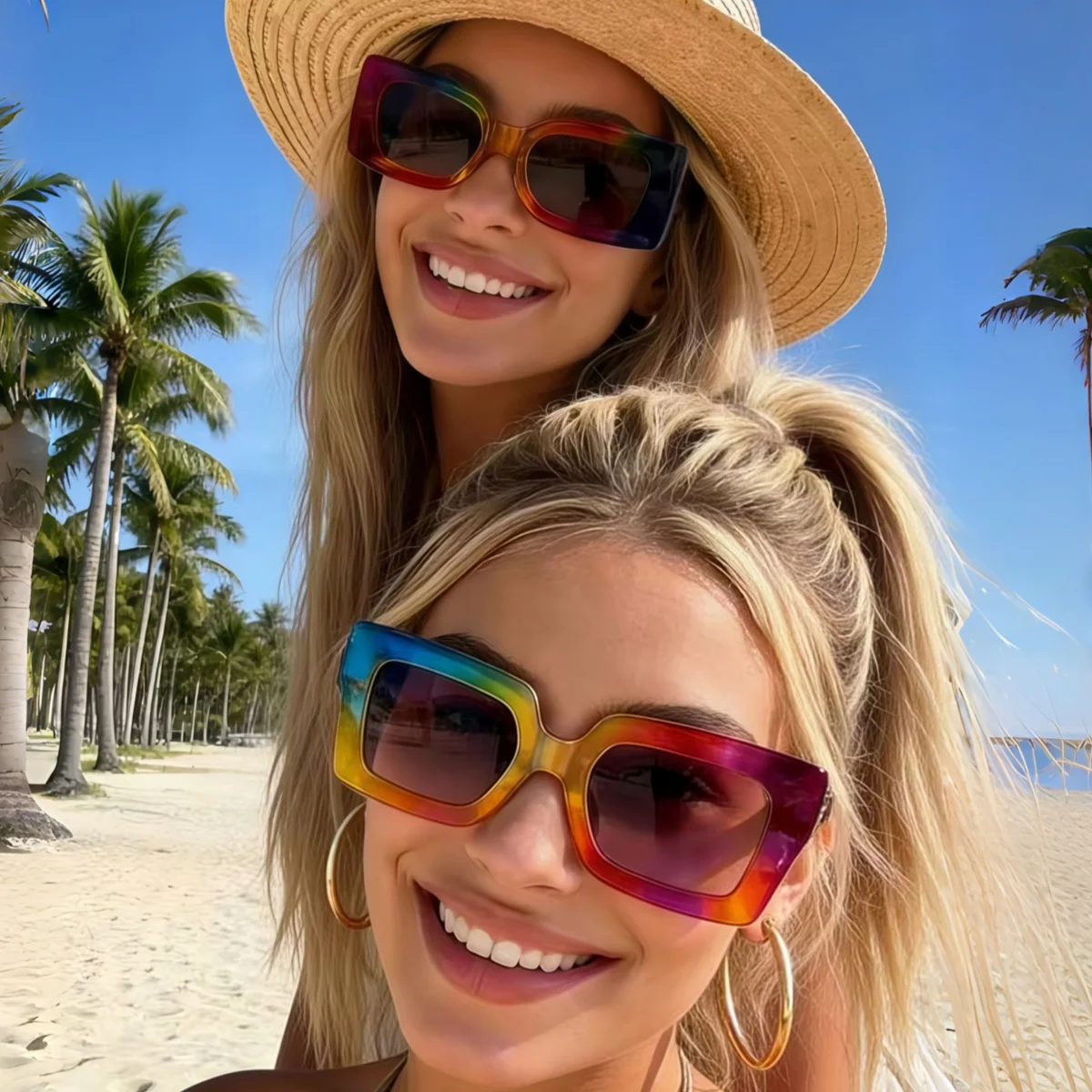 2 Stück modische quadratische Unisex-Sonnenbrillen im europäischen und amerikanischen Stil, Y2K-Regenbogenfarben-Trend, vielseitige Sommer-Sonnenschutzbrille, Sonnenschutz
