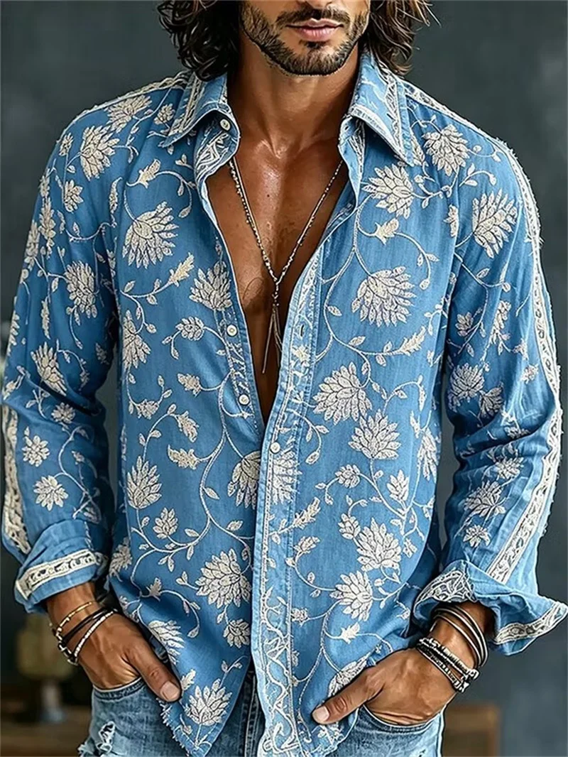 New ink wash vertical stripe dot 3D printed shirt, retro artistic and relaxed men's long sleeved shirt clothing