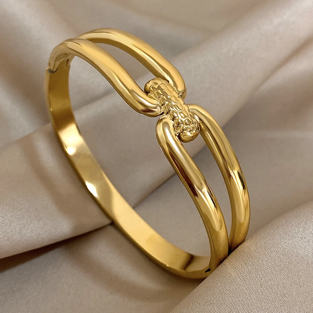 Simple Classic Gold Plated Knot Stainless Steel Bracelet Bangle for Women Fashion Smooth Open Cuff Bracelet Daily Party Jewelry