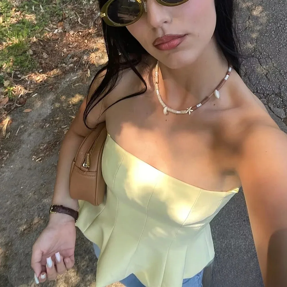 KONDALA Sexy Butter Yellow Cami Ruffles Tube Top Women Fashion 2025 Summer Strapless Y2K Girl Streetwear Tops Holiday Party Tops image 4