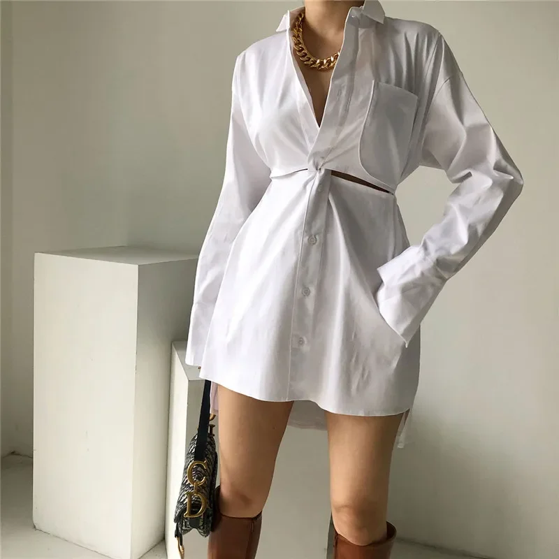 Chic Hollow Out White Shirt Dress Summer Fashion Loose Design Cross Front Mini Dress Long Sleeve Casual Irregular Long Shirt