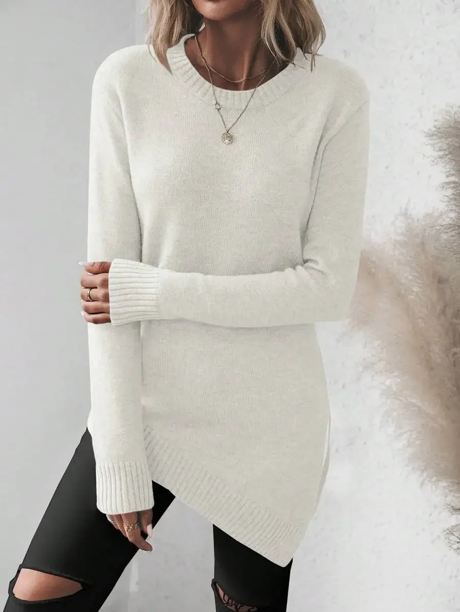 

Women Solid Color Round Neck Long Sleeve Asymmetric Hem Casual Pullover Sweater Autumn Winter