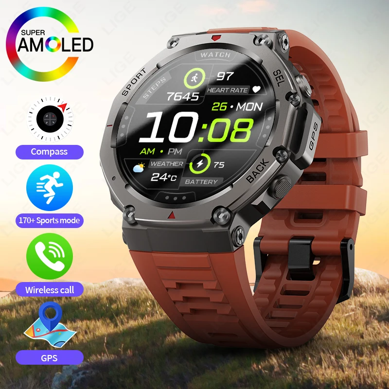

LIGE New Dual-Band GPS Military Smart Watch 48mm 10ATM Water-Resistant 500mAh Battery Compass Altimeter Smartwatch For HUAWEI
