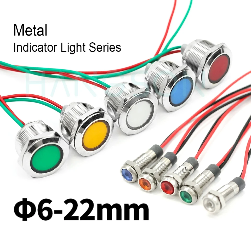 Luz indicadora de Metal de 6MM, lámpara de señal LED impermeable con cable de 12V, 24V, 110V, lámpara de tablero piloto para coche, barco, equipo de