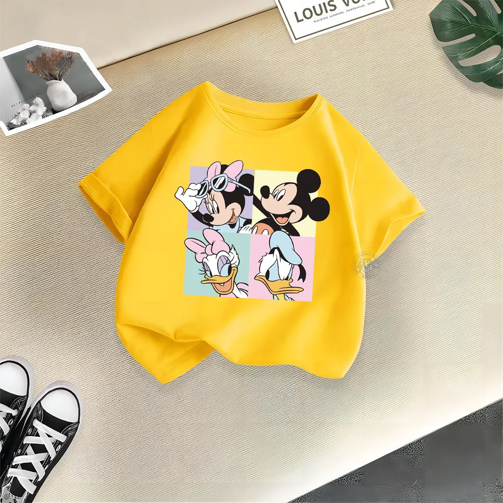 Disney Kids Summer 100% Cotton T-shirt Cartoon Mickey Minnie Fashion Print Teen T-shirt Top Boys Girls Comfortable Casual T-shir