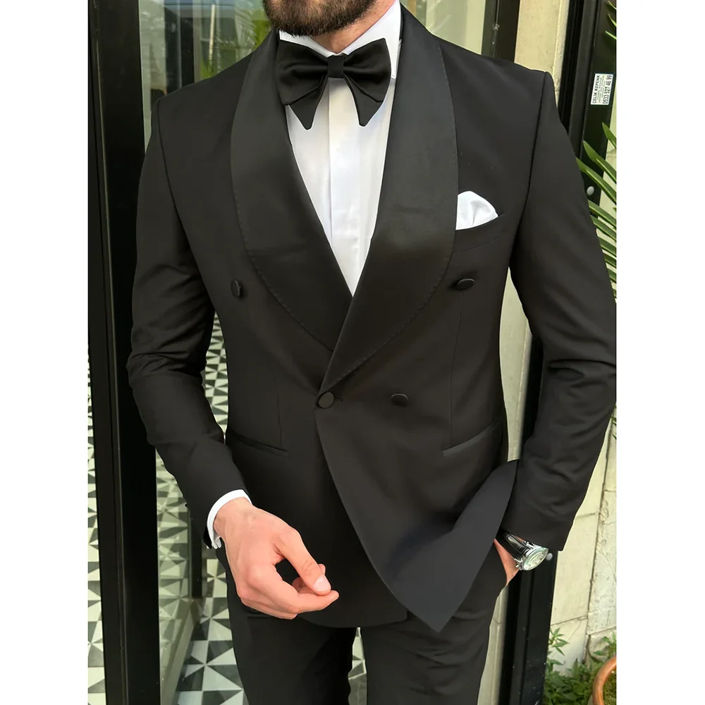 Elegant Solid Men Suits Black Two Piece Fashion Shawl Lapel Double Breasted Groom Wedding Tuxedo Prom Party Male Suit Slim