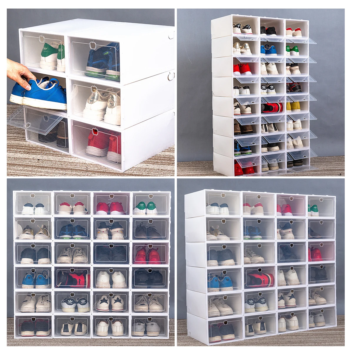 

6pcs Transparent Shoe Boxes Thickened White Lids Clear Storage Containers for Clothing Shoes Socks Scarves Home Organization
