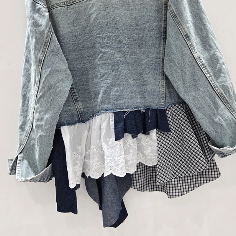 DEAT 2025 خريف جديد الموضة المتخصصة المرقعة المرأة الدنيم سترة فضفاضة واحدة الصدر التباين اللون معطف Female11A05239