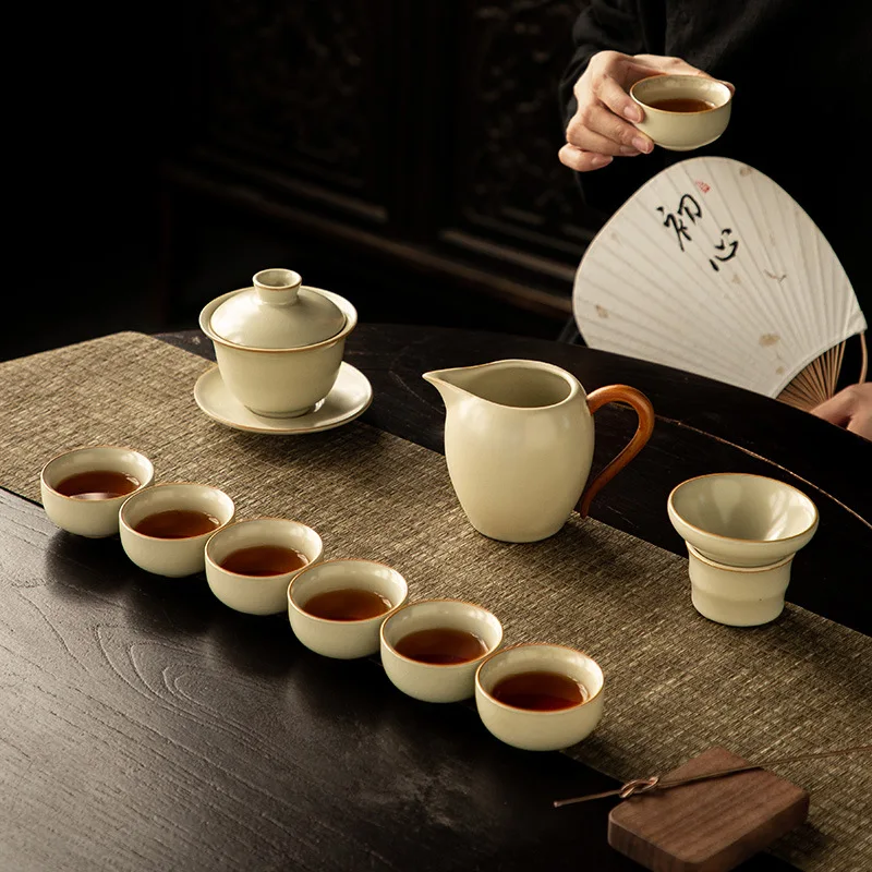 Simple Retro Beige Ru Kiln Kung Fu Tea Set Ceramic Teacups Home Office Gift Set with 6/8pcs Cups Home Gift