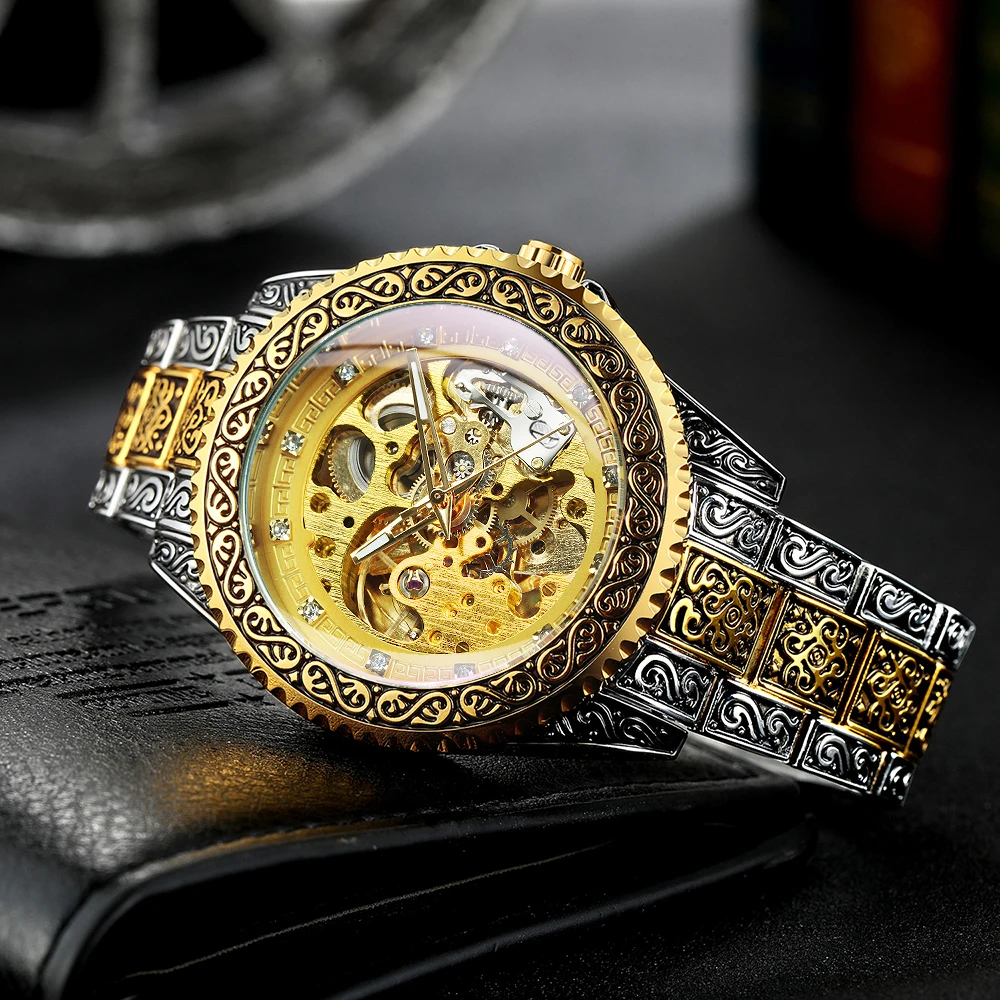 Vintage Gold Skeleton Watch for Men Rotating Bezel Luminous Hand Engraved Steel Strap Luxury Automatic Mechanical Watches WINNER