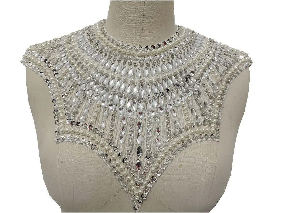 

Heavy Silver White Bead Diamond Decoration Gown Material Shinny Handmade Pearls O Collar Wedding Dress Accessorie