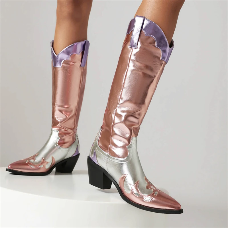 Women\'s High Boots Western Cowboy Cowgirls Boot Autumn Winter Patchwork Gold Pink Long Shoes Footwear Lady Large Size 45 Comfort