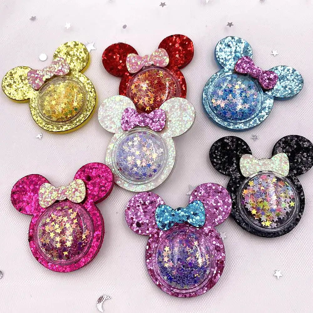 6pcs Felt Fabric Colorful Glitter Bepowder Shake Sequins Mouse Patch Applique Sewing DIY Hair Bow Craft Handmade Supplies