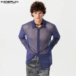 INCERUN Tops 2024 Handsome New Men's Slightly Translucent Flash Fabric Shirts Fashion Casual Male Thin Long Sleeved Blouse S-5XL