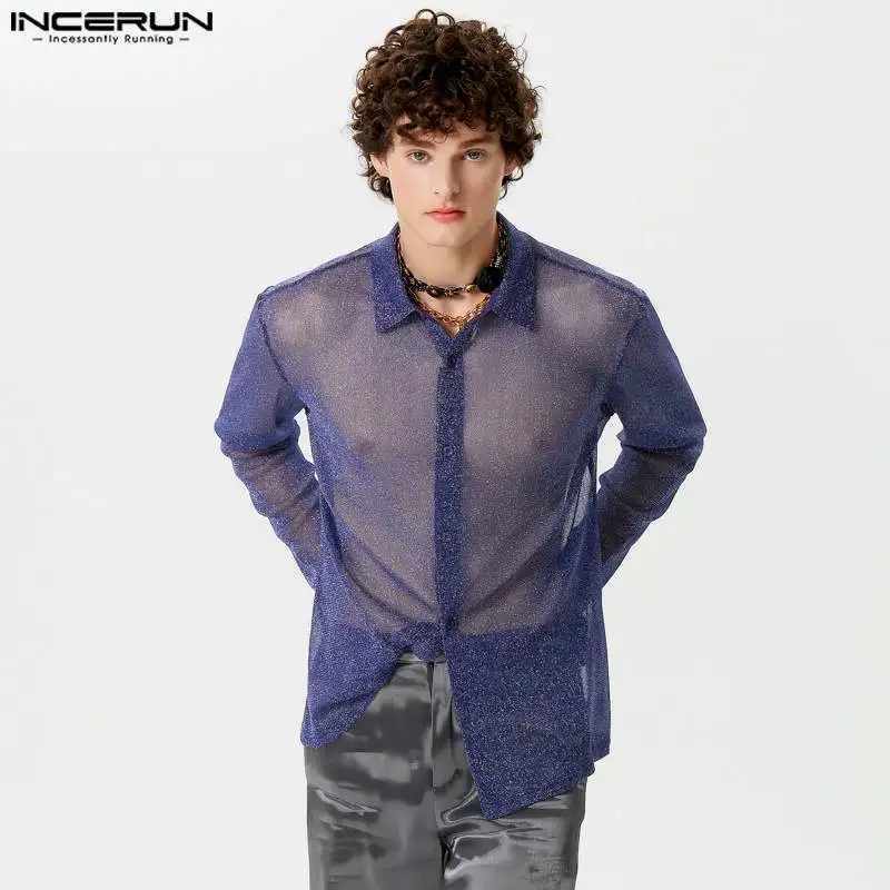 INCERUN Tops 2024 Handsome New Men's Slightly Translucent Flash Fabric Shirts Fashion Casual Male Thin Long Sleeved Blouse S-5XL