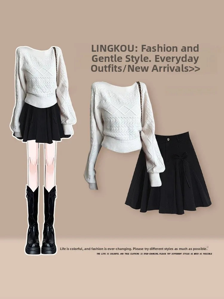 

Korean Style Knitted Sweater And Short Skirt Set Women's Fashion Slimming Ensemble Autumn Collection round Neck Long Sleeve