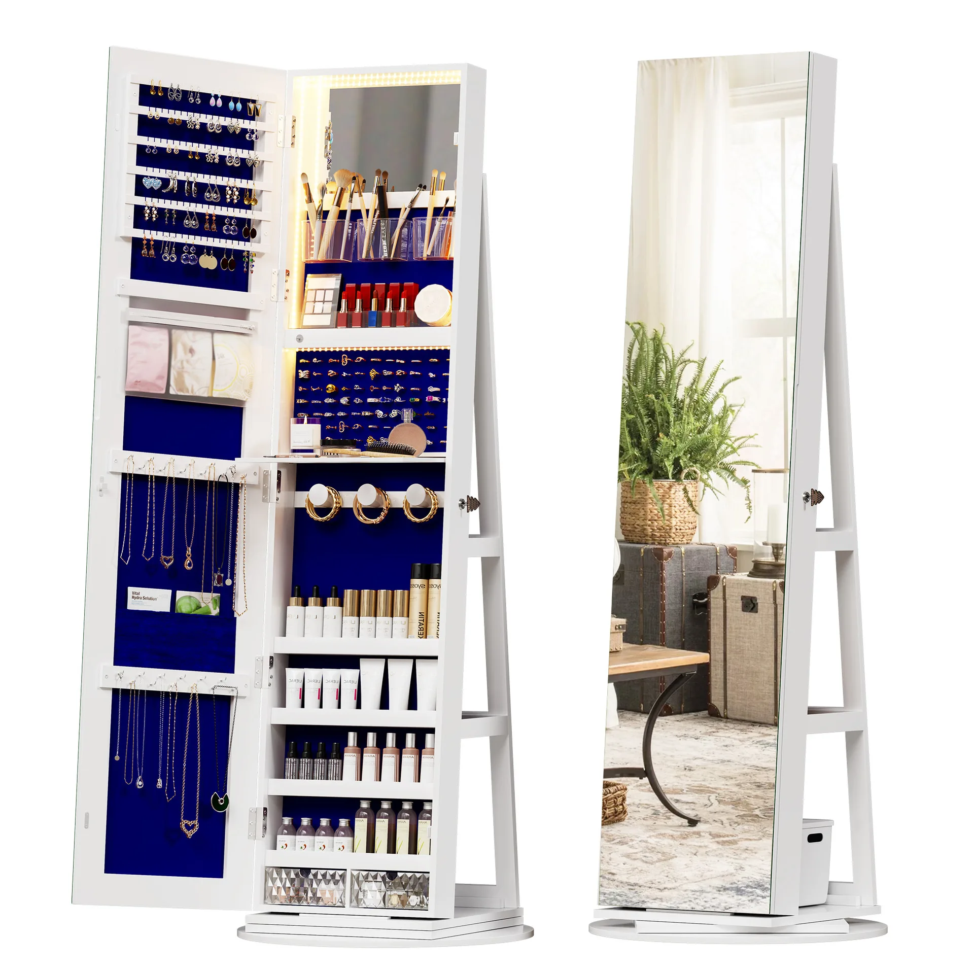 360 ° rotating jewelry cabinet, large-capacity LED light jewelry display cabinet, multi-layer storage floor mirror locker