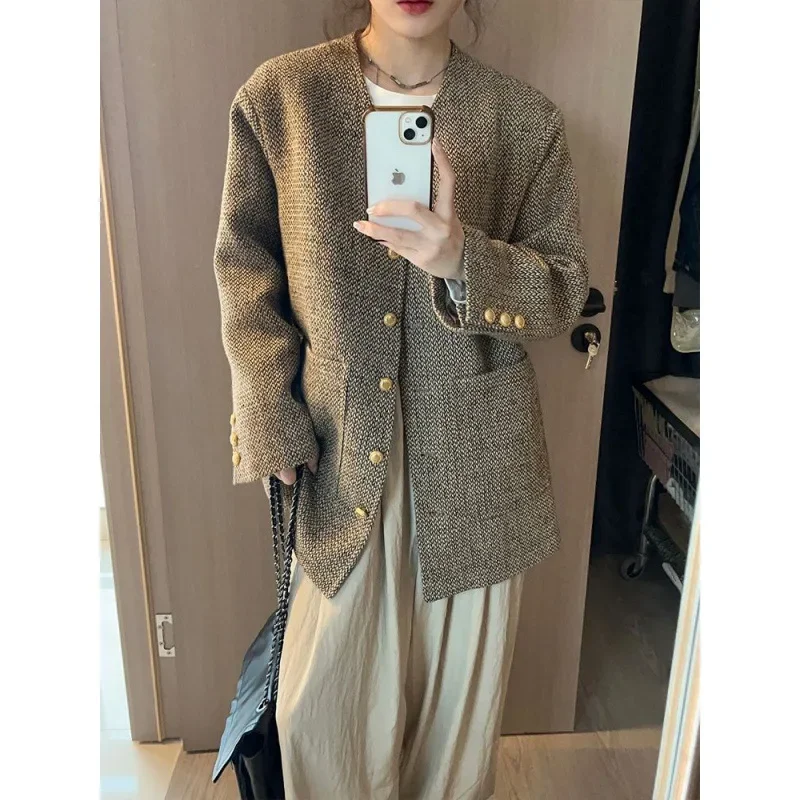 

Xiaoxiangfeng jacket women's retro woolen spring new V-neck woven tweed coat loose and thin