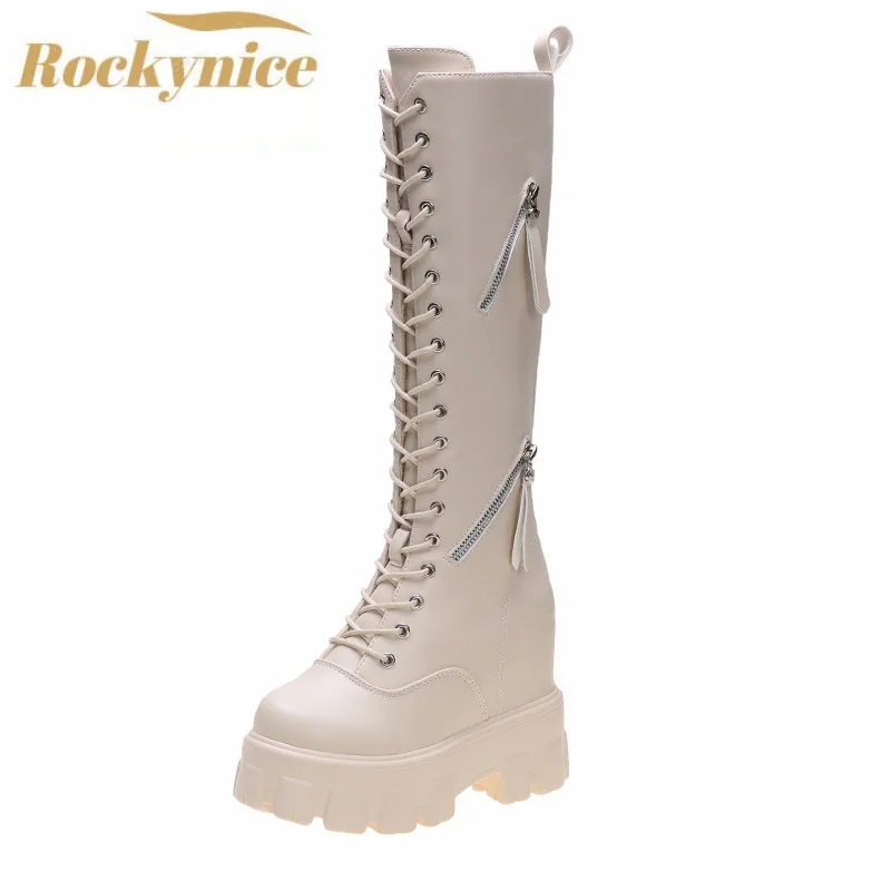 New Winter Women Knee High Boots Wedges High Heels 11CM Platform Lace up Long Boots Plush Inside Warm Fur Shoes Motorcycle Boots