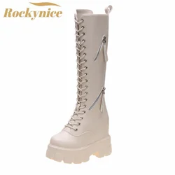 New Winter Women Knee High Boots Wedges High Heels 11CM Platform Lace up Long Boots Plush Inside Warm Fur Shoes Motorcycle Boots