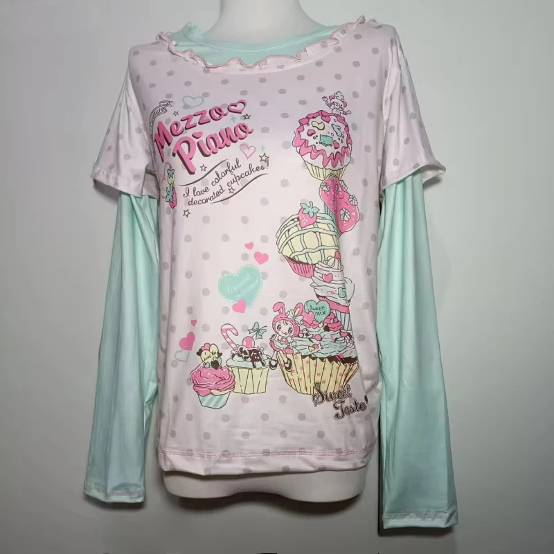 Sweet Kawaii Cartoon Polka Dot Print Women T Shirt Japan Y2K Aesthetic Tshirts Loose Casual Contrast Color Cute Graphic Tee Tops