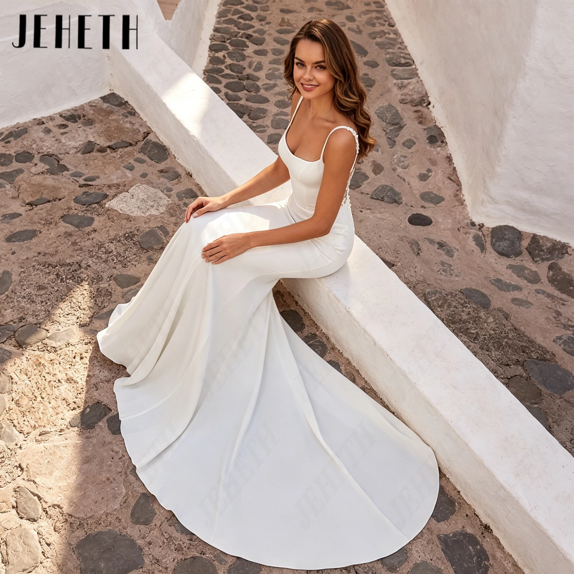 JEHETH Elegant Mermaid Wedding Gowns Spaghetti Straps 2027 Beach Bridal Dresses Customized Soft Satin Boho Bride Dress Backless