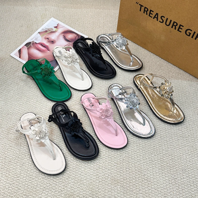 

Women's Sandals 2026 New Summer Flower Flat Beach Shoes Toe-Post Flip Flops Flat Heel