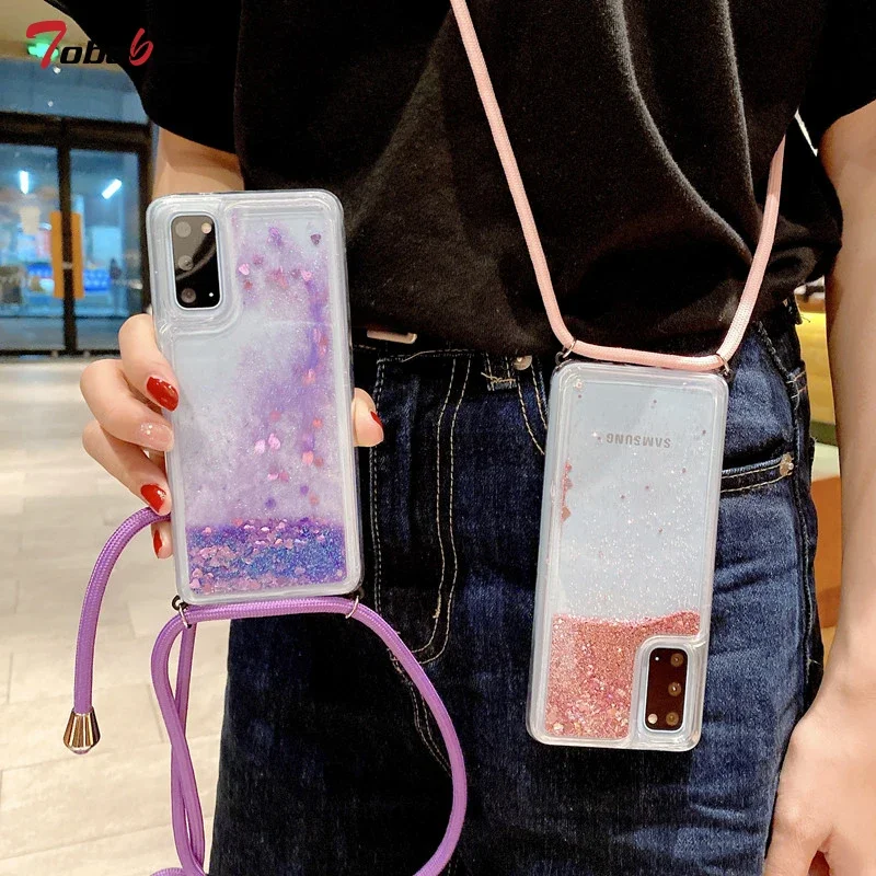 Strap Cord Chain Lanyard Glitter Liquid Silicone Case For Samsung Galaxy S21 S20 Ultra S10 Lite  S9 S8 Plus S7 Cover