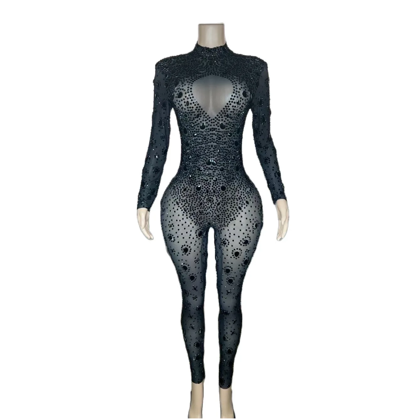 

Black Shining Rhinestones Crystal Sexy Long Sleeves Jumpsuits For Women Nightclub Party Clothing Pole Prom Dance Stage Costumes