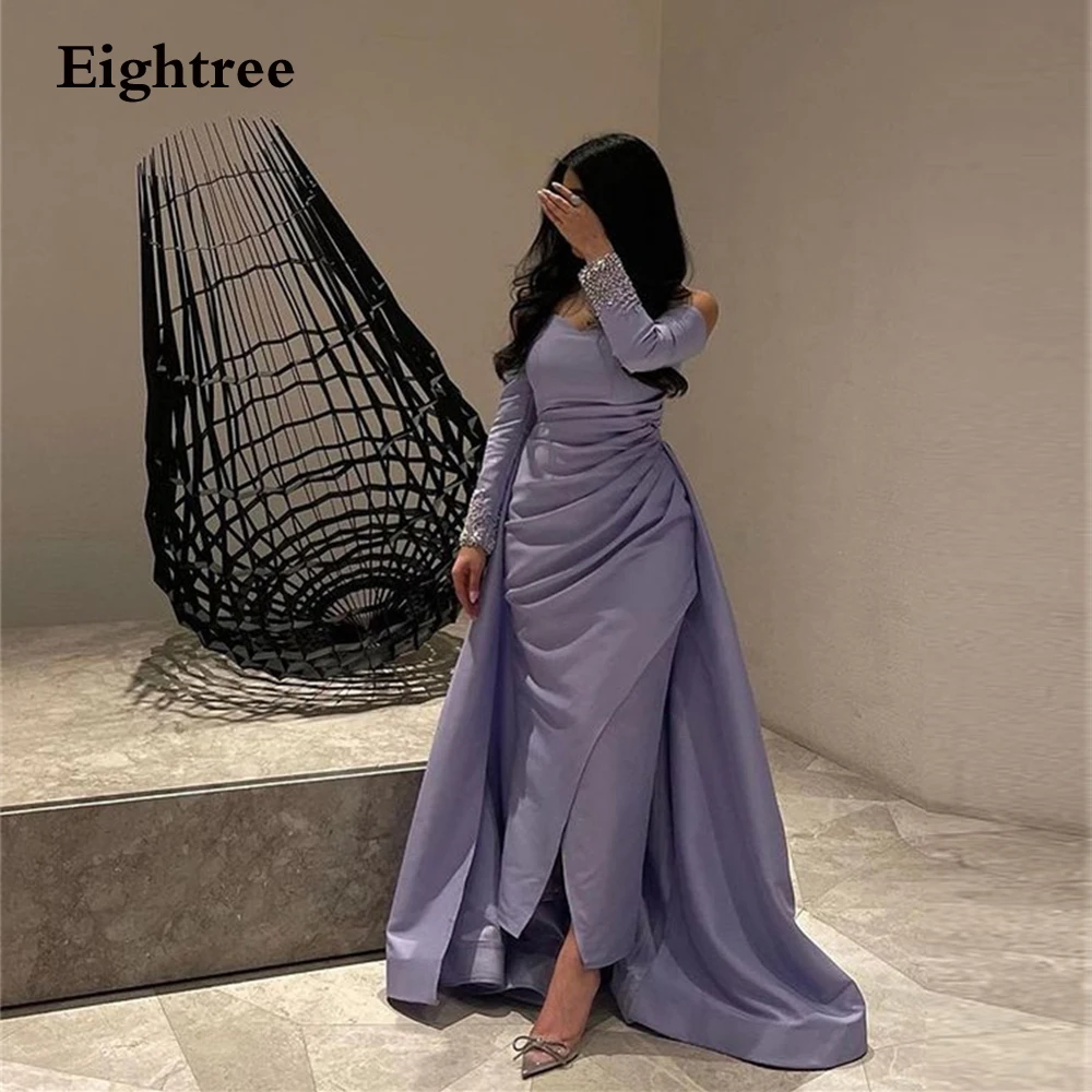 

Eightree Light Purple Graceful Evening Dresses Long Sleeves Mermaid Beadings Slit Satin Abendkleider Dubai Formal Occasion Dress