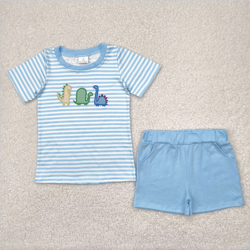 

Hot Sale Baby Boys Clothes Short Sleeve Summer Boutique Embroidery Baby Boys Blue Dinosaurs Shirt Tops Baby Boys Clothes Sets