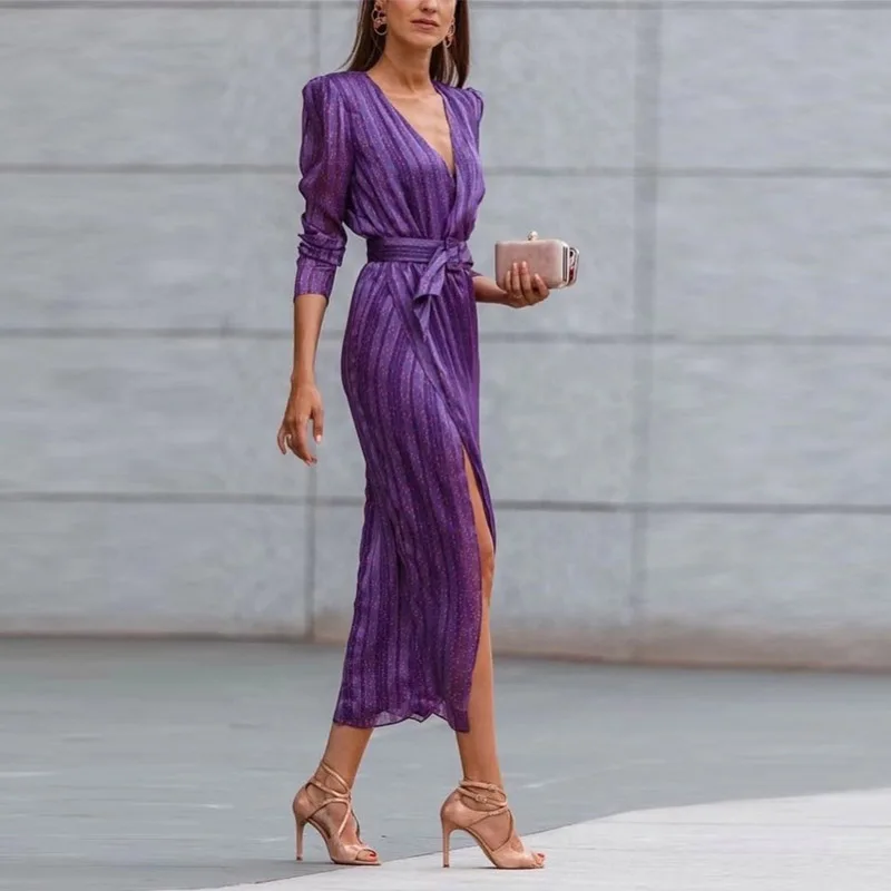 Women Elegant Striped Print Split Party Dress Spring Sexy Deep V Neck Hollow Long Dress Summer Lace-up Belted Office Lady Dress