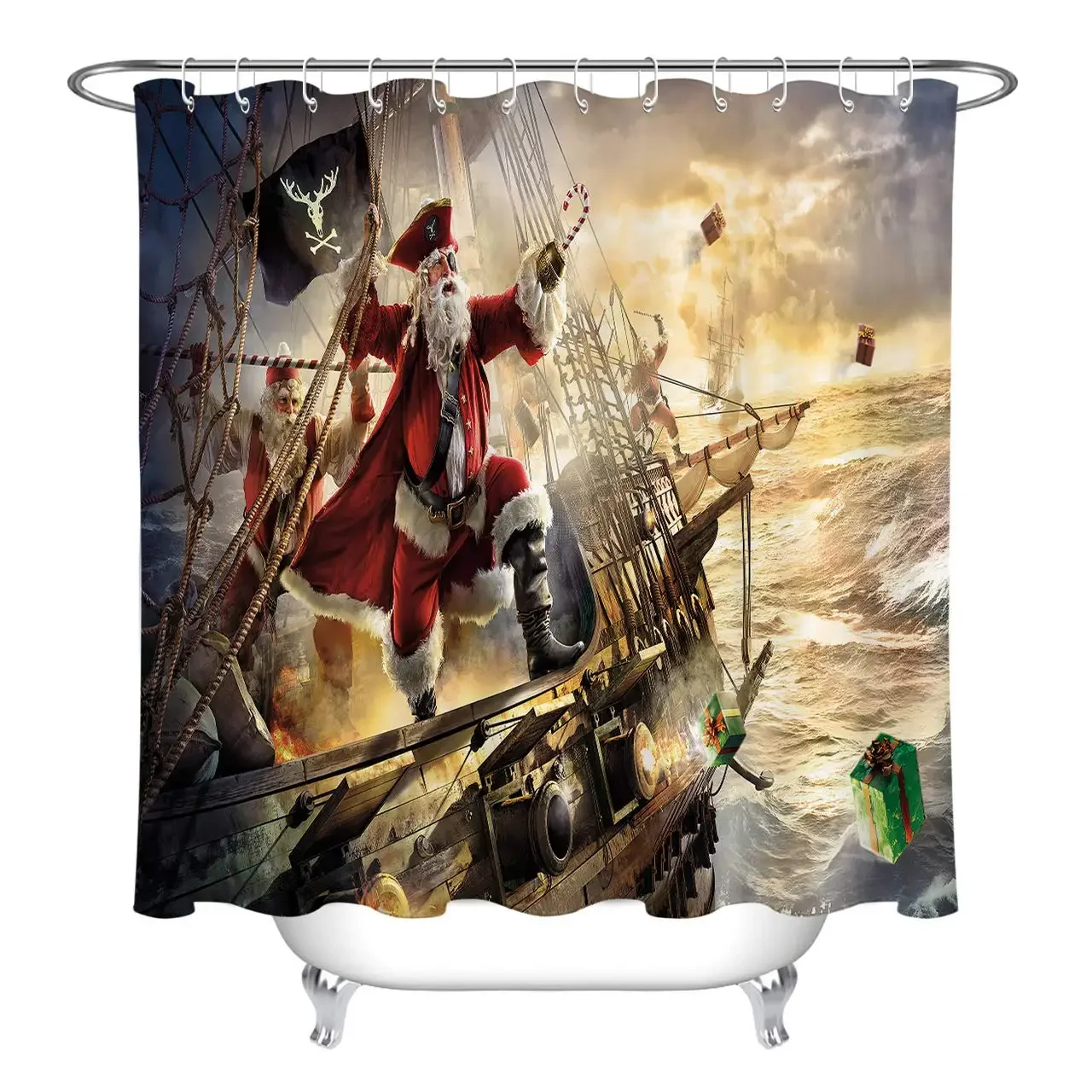 Funny Christmas Themed Bathroom Curtains, Captain of Reindeer Santa Claus in Pirate Costume Fire Gift Boxes