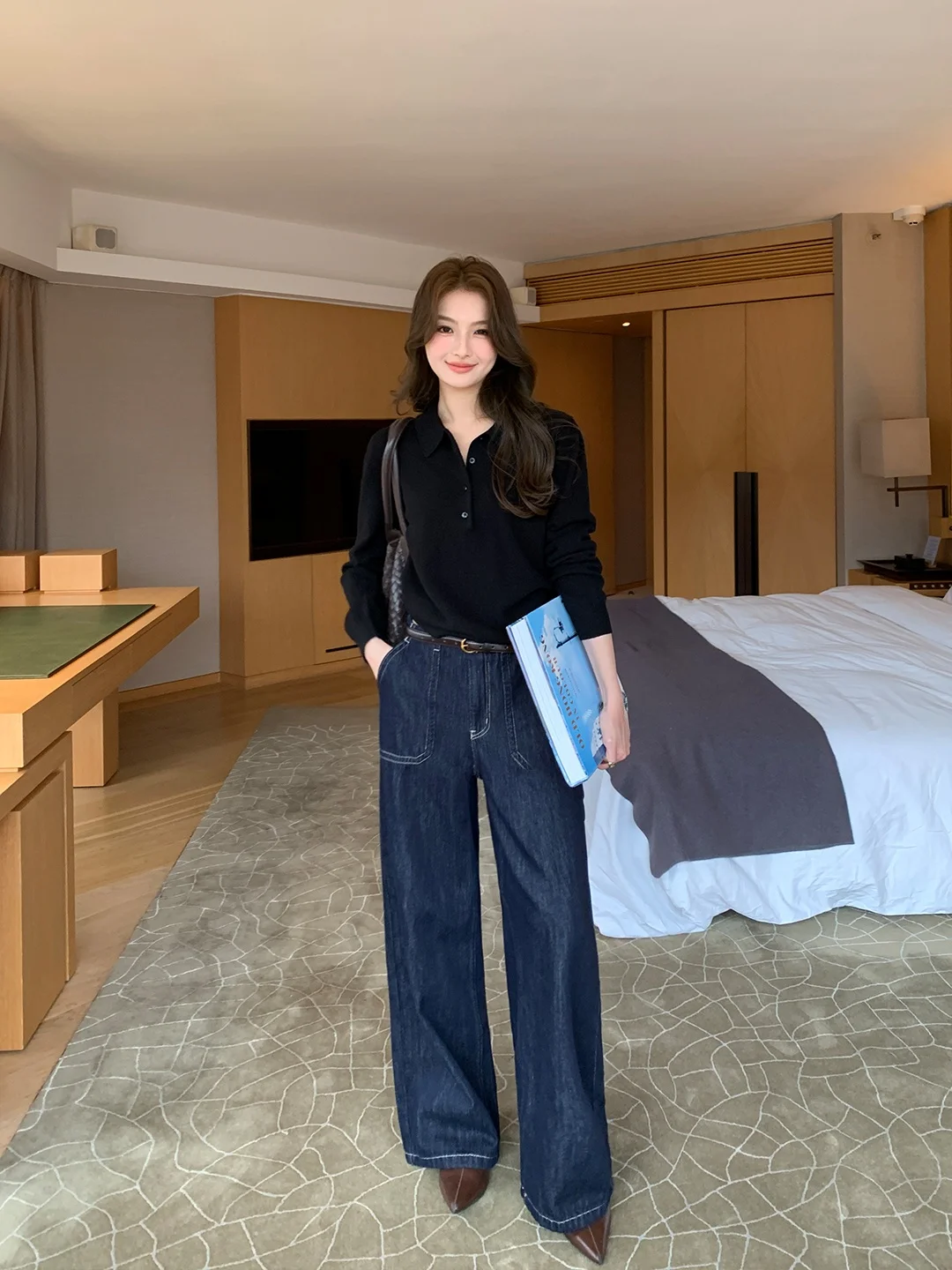 

Maven Lin Original Color Straight Leg Jeans Women's Loose Design Wide Leg Pants High Waist Cotton Zipper Fly