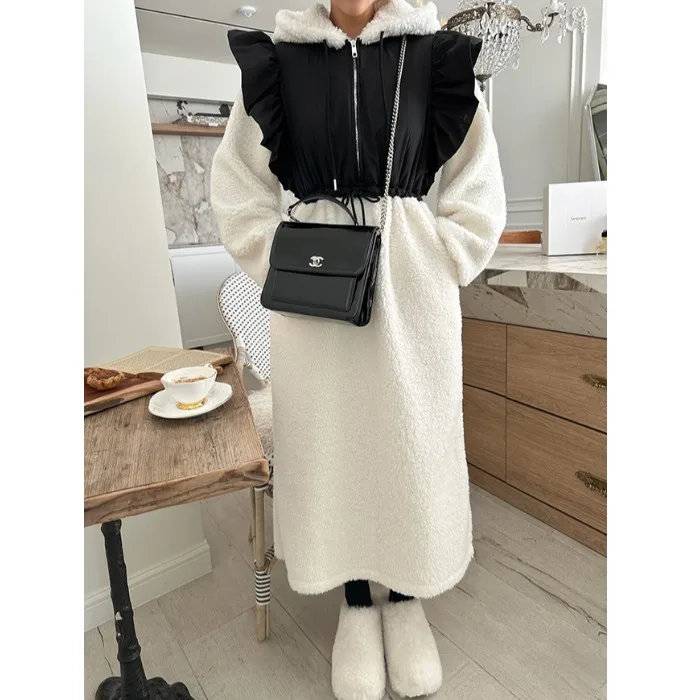 여성용 롱 보온 양털 후드 드레스 한국 스타일 출퇴근 패션 빈티지 디자인 겨울 롱 스커트