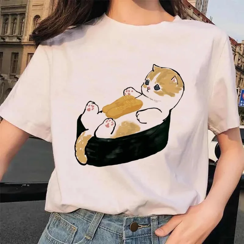 T-shirt estiva da donna nuova divertente Kawaii Cartoon Cat Print Harajuku High Street Casual Versatile girocollo maniche corte Unisex