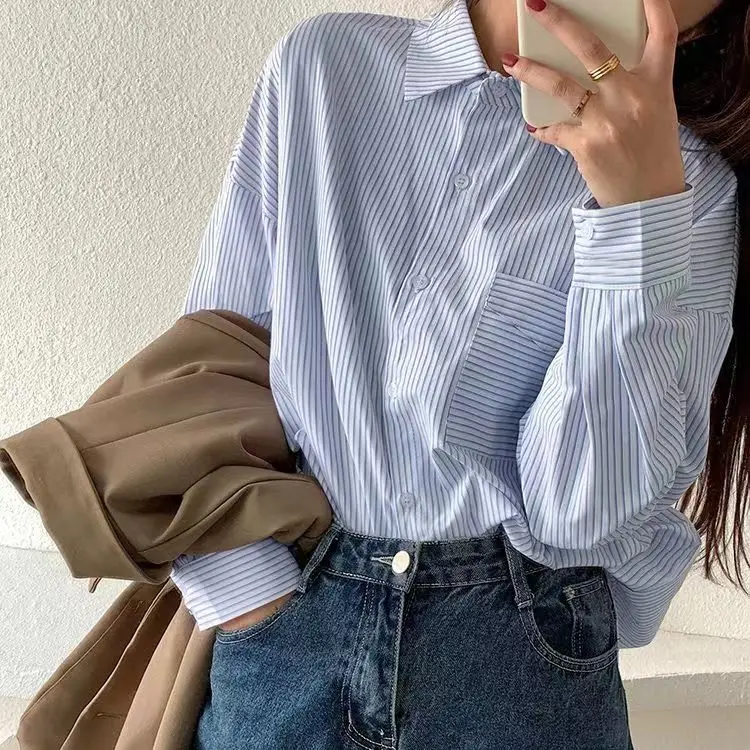 

Summer 2024 Women's Faionable Striped Long Sve irt Student Inner Wear Top Sweet Sle Loose Fit Collar Polyester