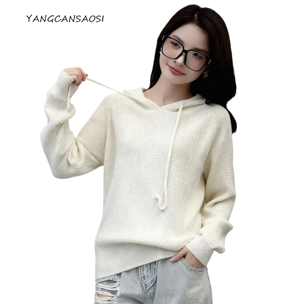 

Spring and Autumn Solid Color Waffle Texture 100% Natural Wool Loose Women's Comfortable Wool Top Simple and Elegant