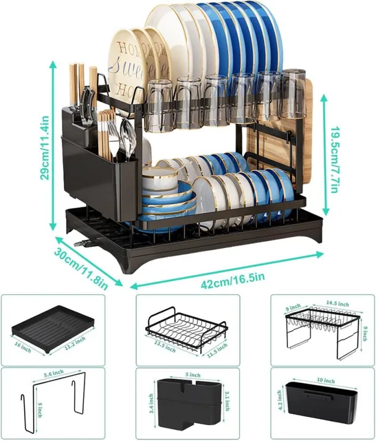 2 Tier Stainless Steel Dish Drying Rack With Drainboard Kitchen Tableware Storage Organizer 4