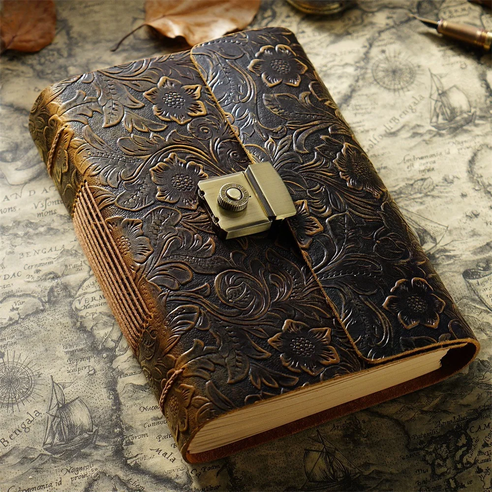 Journal de mot de passe en cuir de vachette véritable, couverture optique, carnet de notes, serrure en métal, permis, fait à la main, cahiers rétro,